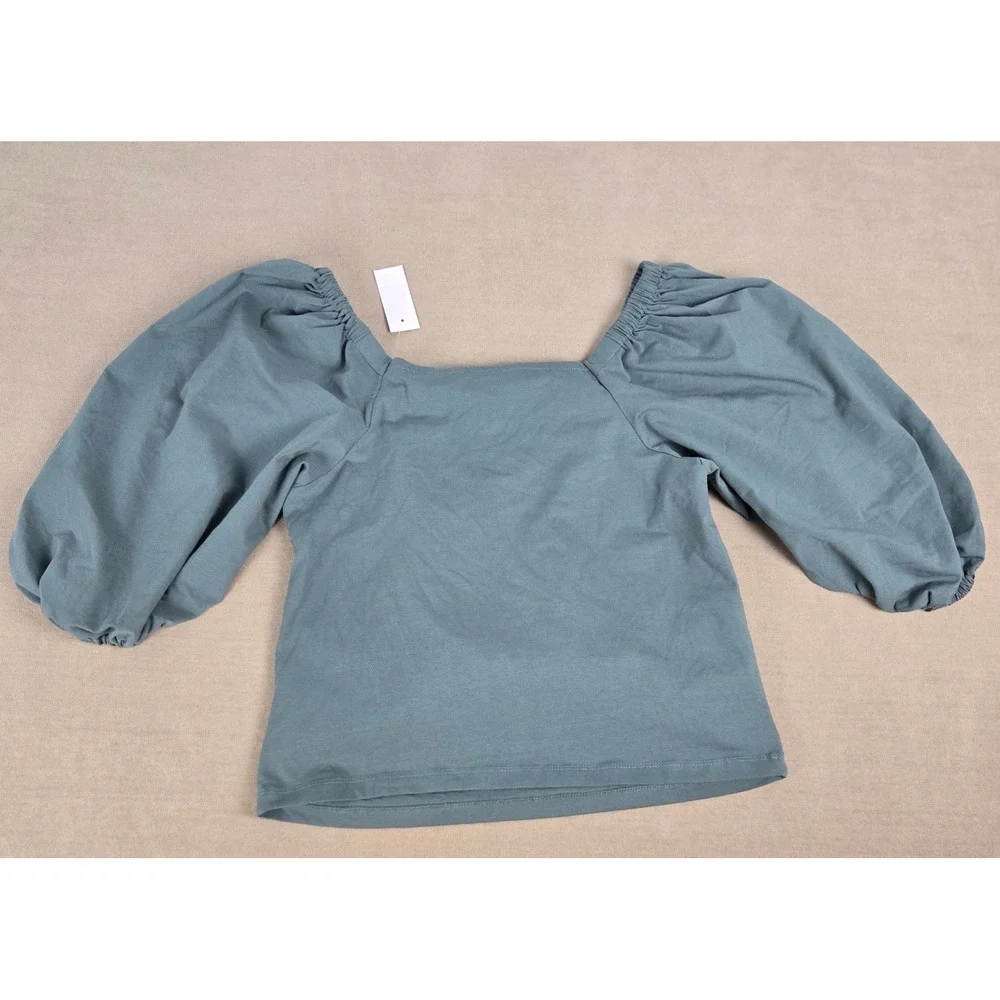 Loft Womens Puff Bubble Sleeve Ruched Square Neck Top Crop Green XL NWT Fairy